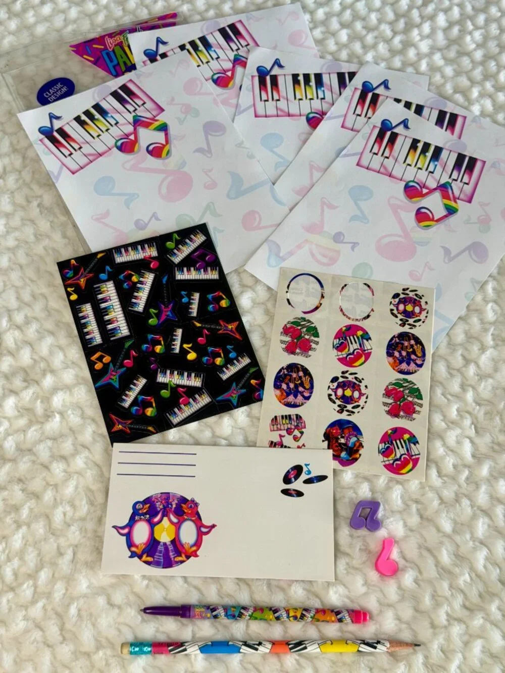 Vintage Lisa Frank Piano Music Notes Stationary Set -Pen still writes! Purple In